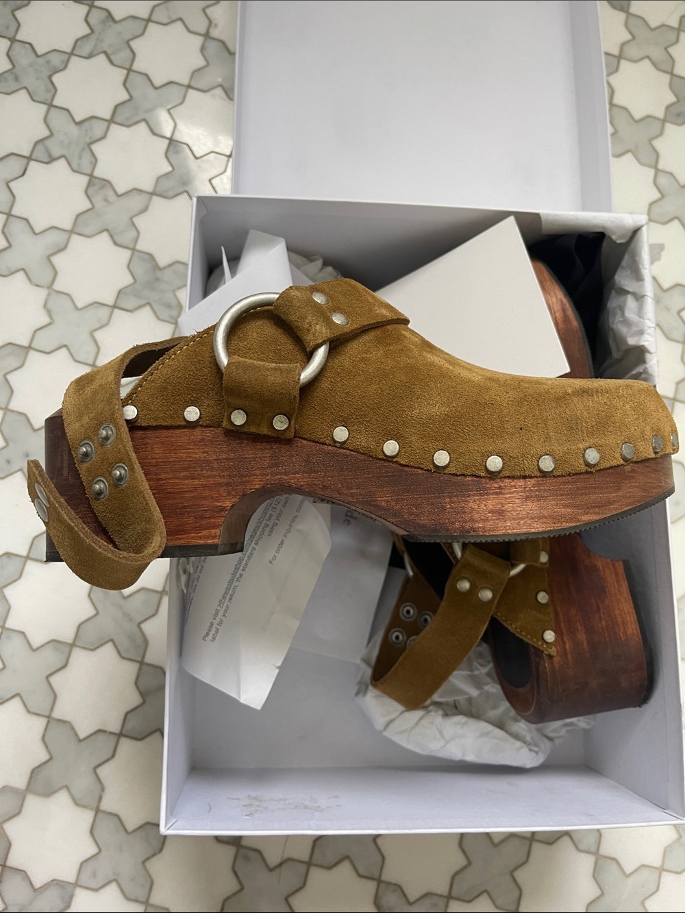 Re/Done Suede Studded Slingback Clog in Camel - Picture 7 of 9